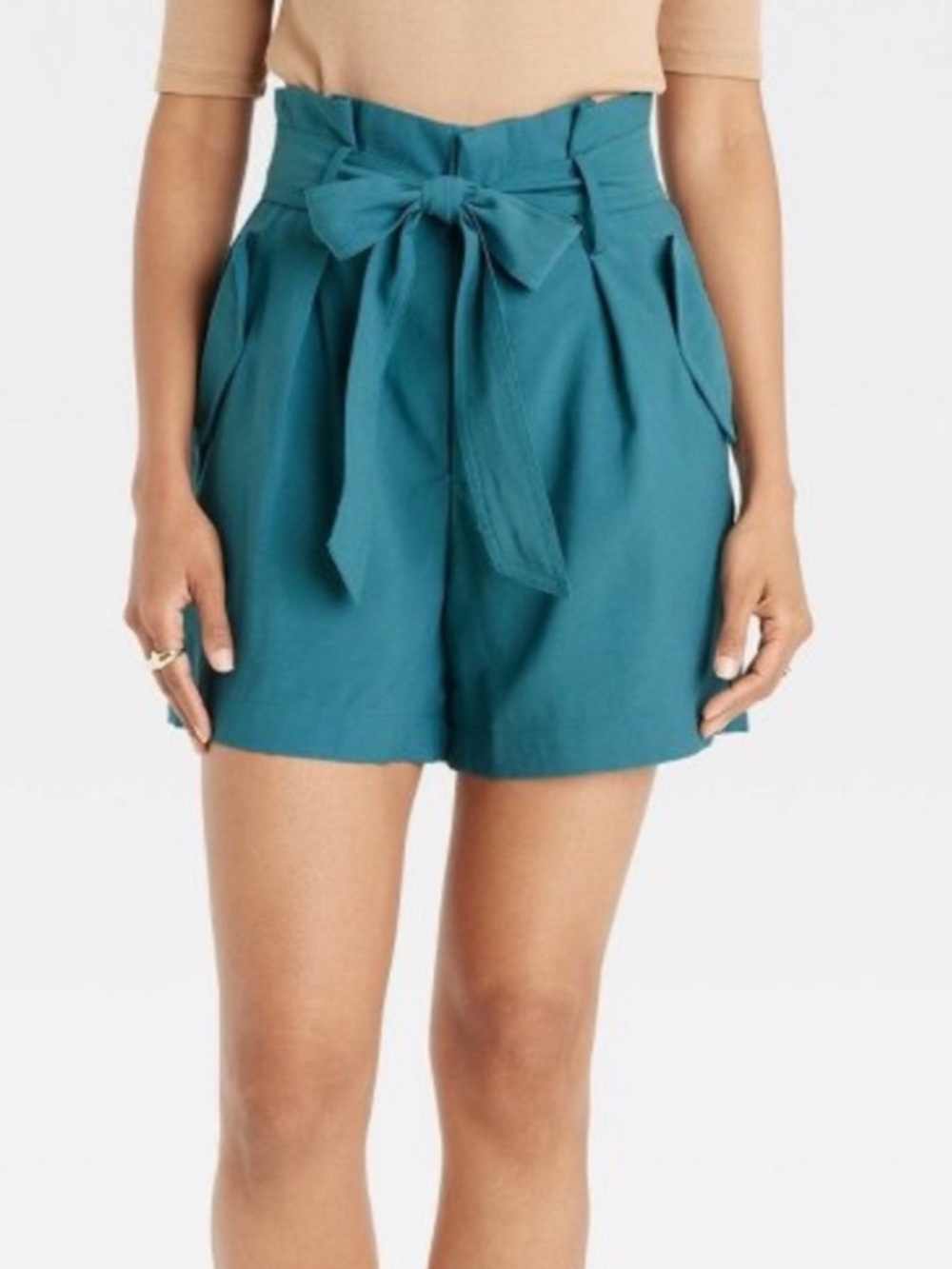 a new day Teal High-Waist Faux Silk Paperbag Shorts with Tie Belt